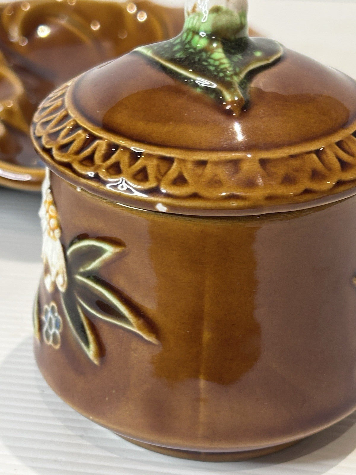Vintage Japanese Pottery Condiment Set – Hand-Painted Brown Glaze Floral