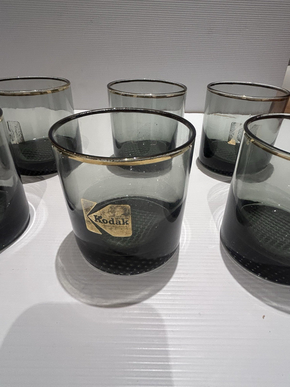 Vintage Kodak Whiskey Glasses x8 Gold Rim Promo Barware Textured Base 1970s
