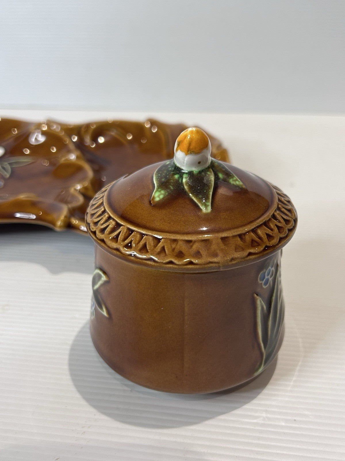 Vintage Japanese Pottery Condiment Set – Hand-Painted Brown Glaze Floral
