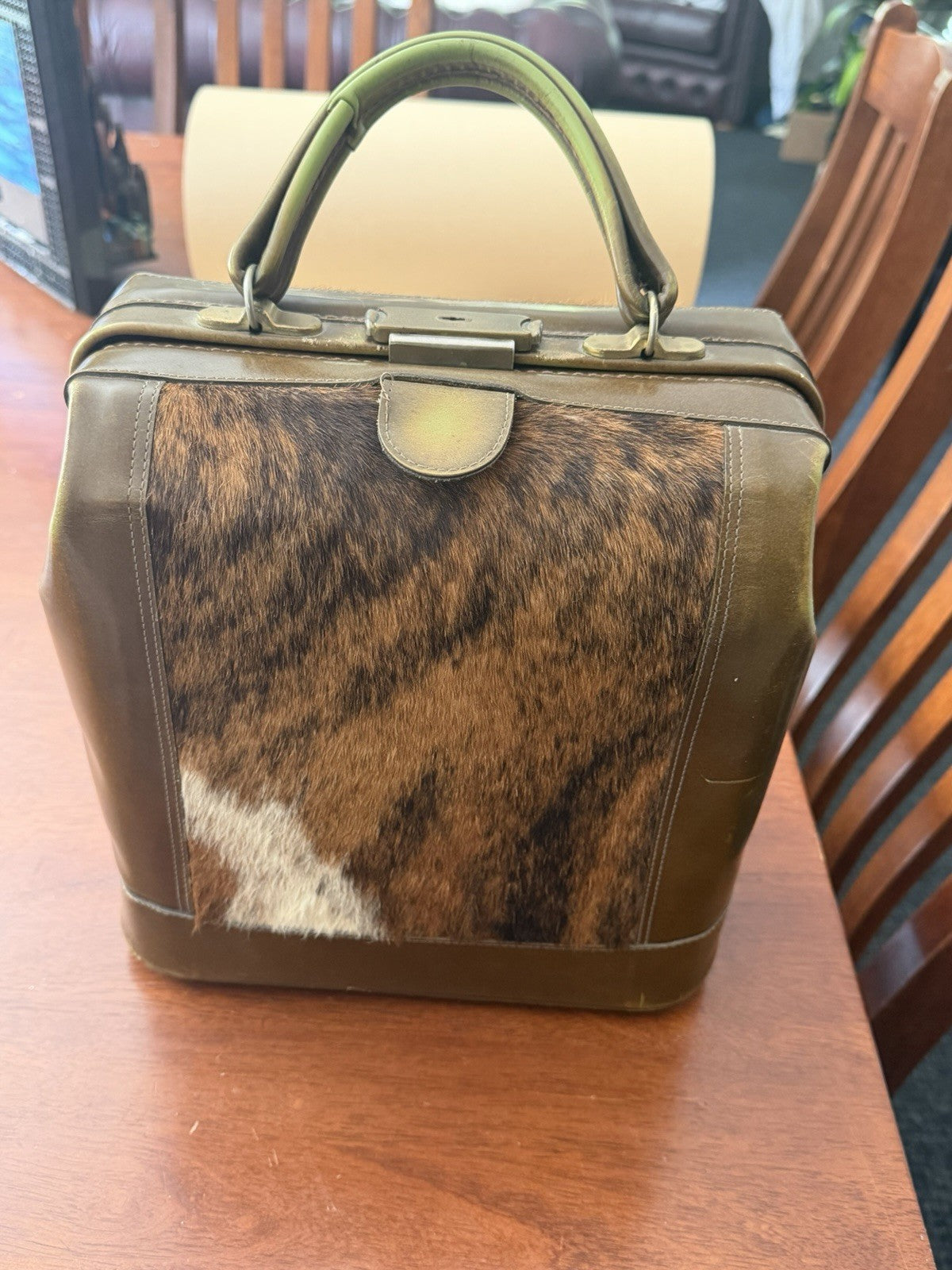 Vintage GOLD PFEIL Steer Hide Cowhide Doctor Bag Handbag Germany 1960s