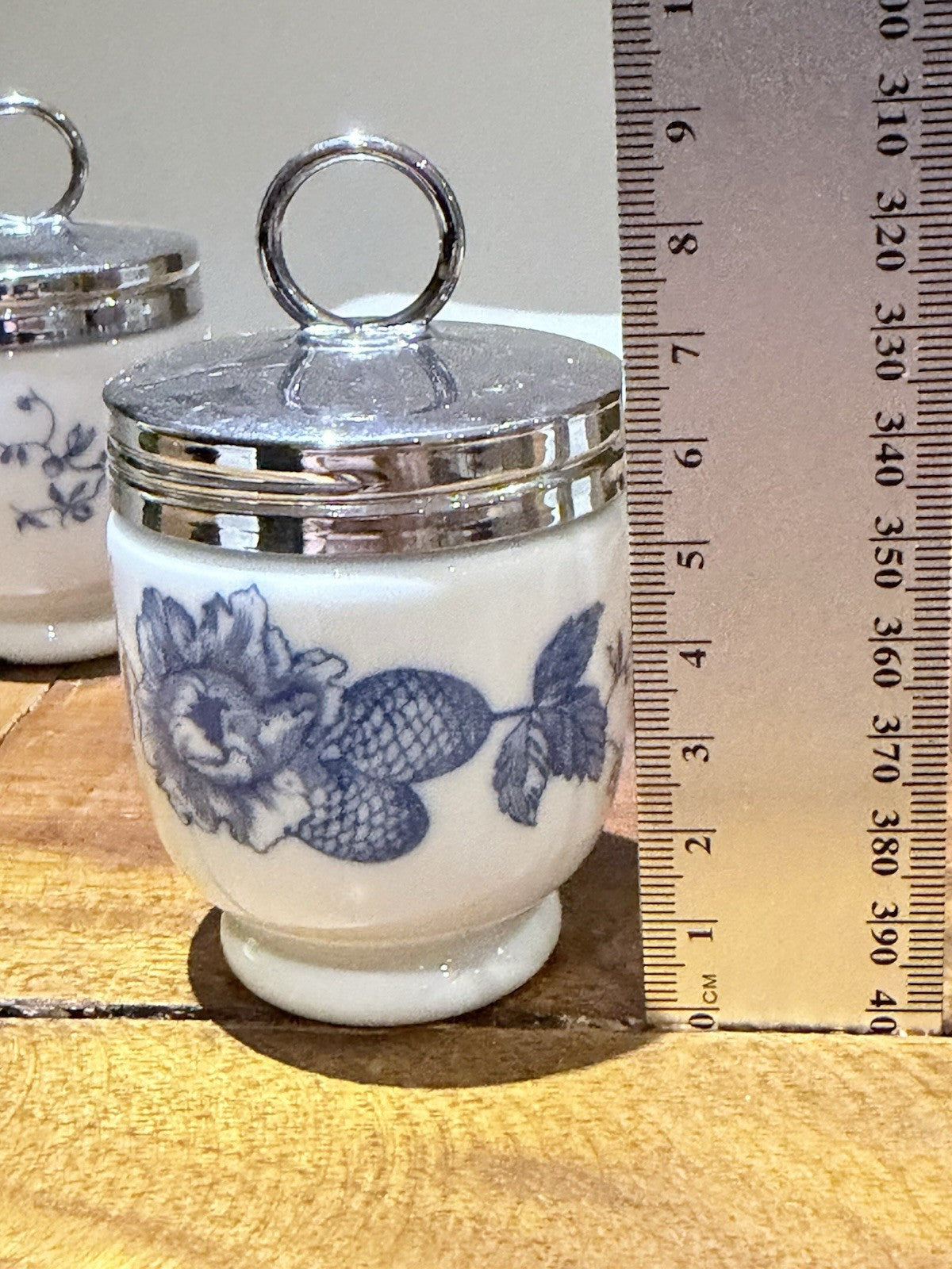 Royal Worcester Egg Coddlers Pair Blue Floral w Lids England Vintage