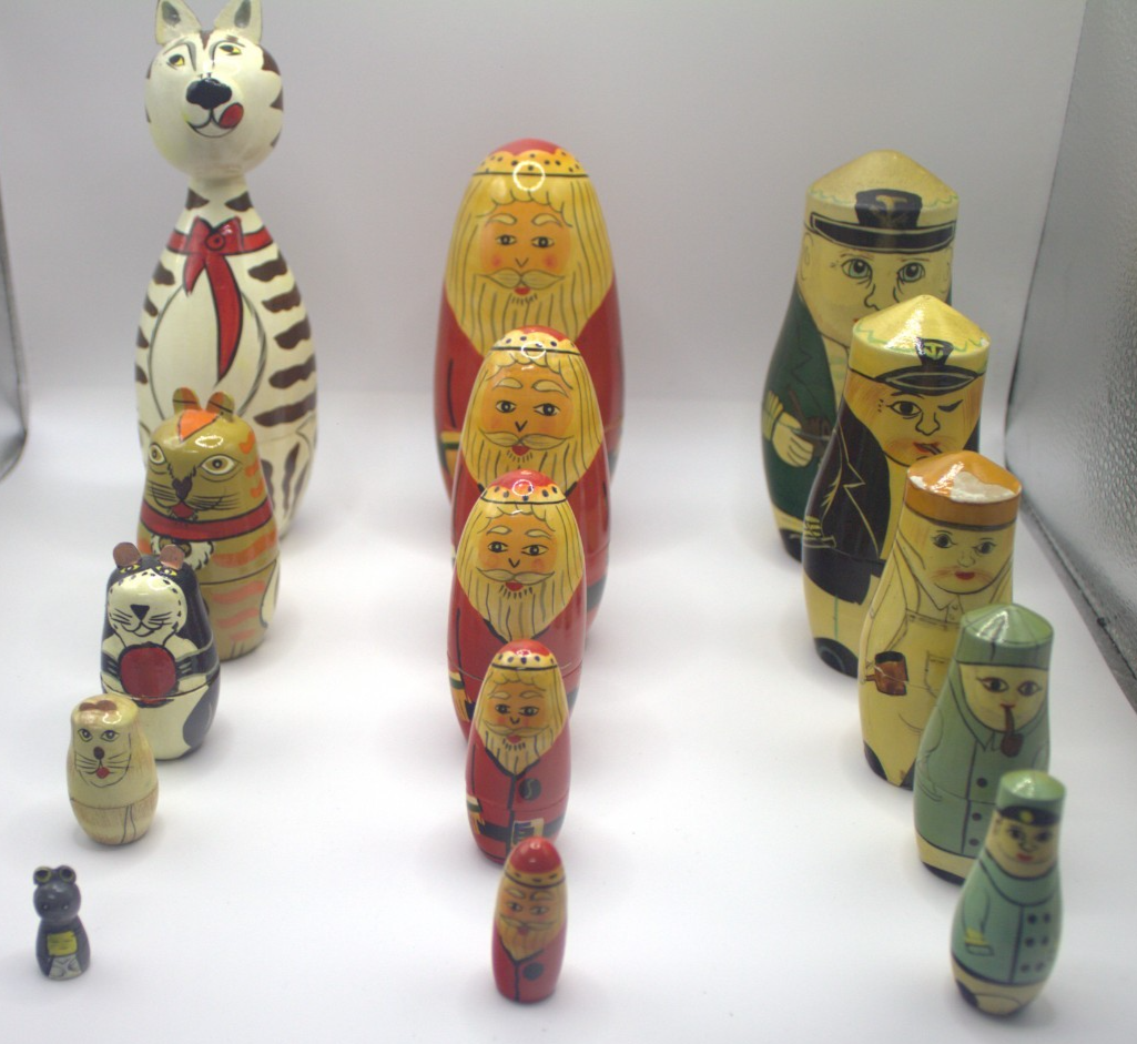 Vintage Hand-Painted Wooden Stacking Dolls Santa; Cat; Workman Trio