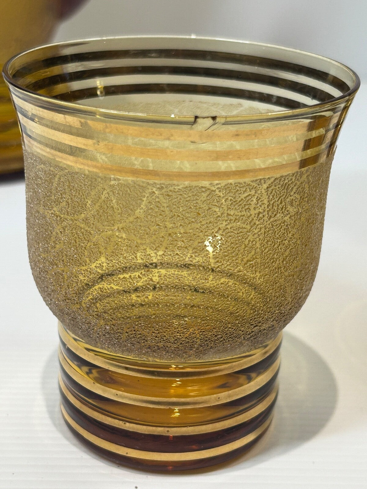 Vintage Amber Glass Lemonade Set – Textured Gold Bands – Jug & 5 Tumblers Retro