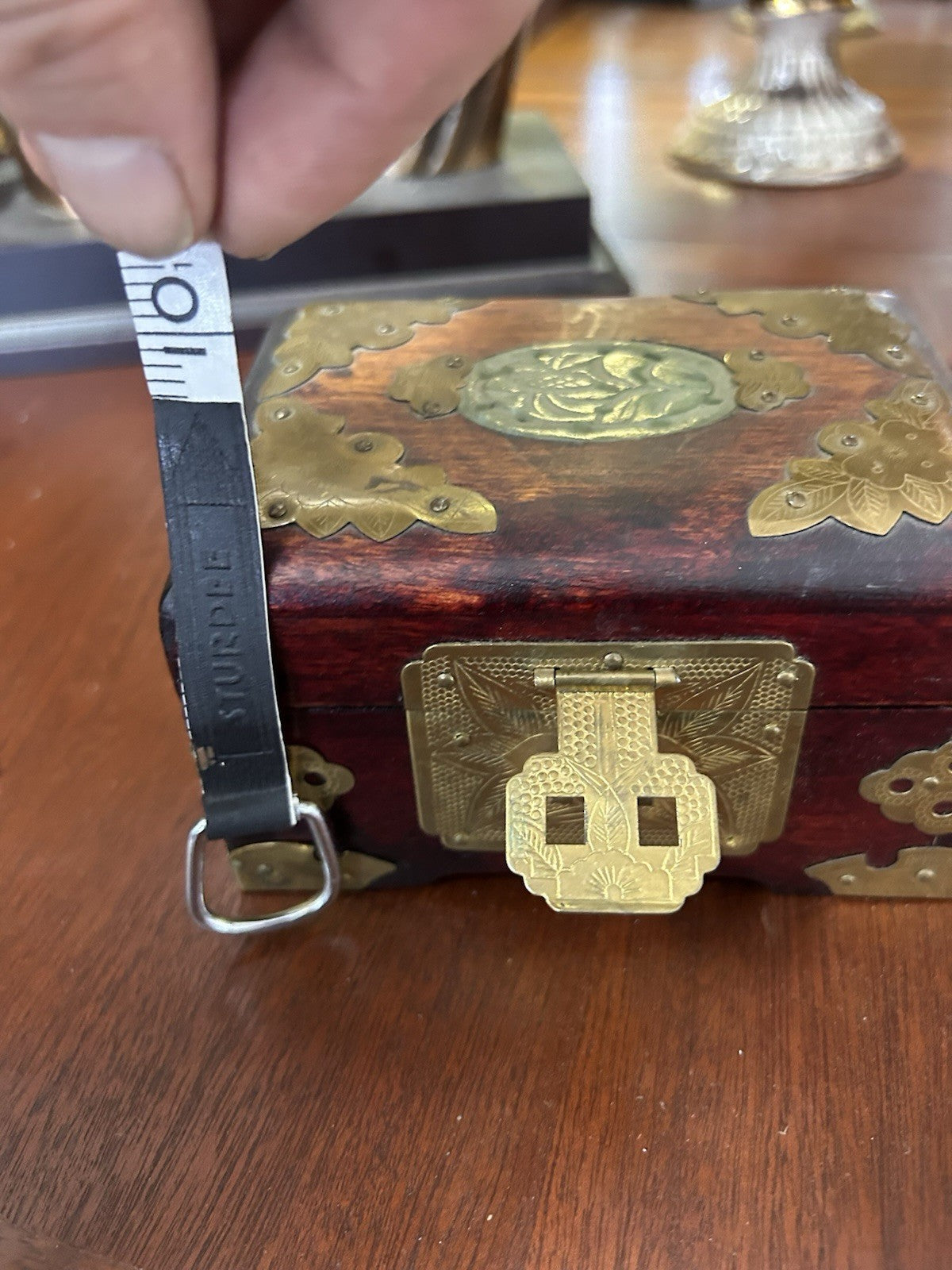 Vintage Wooden Jewellery Box Brass Mounts Red Silk Lined Asian Style