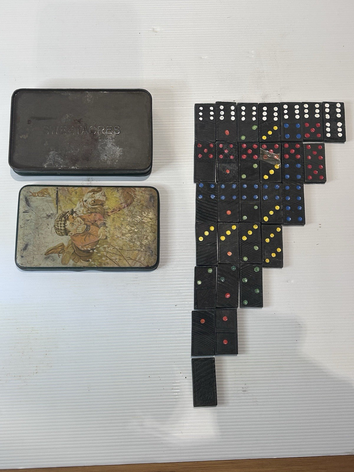 Vintage Japanese Domino Set – 28pc Wood in Sweetacres Tin (1 Repaired)
