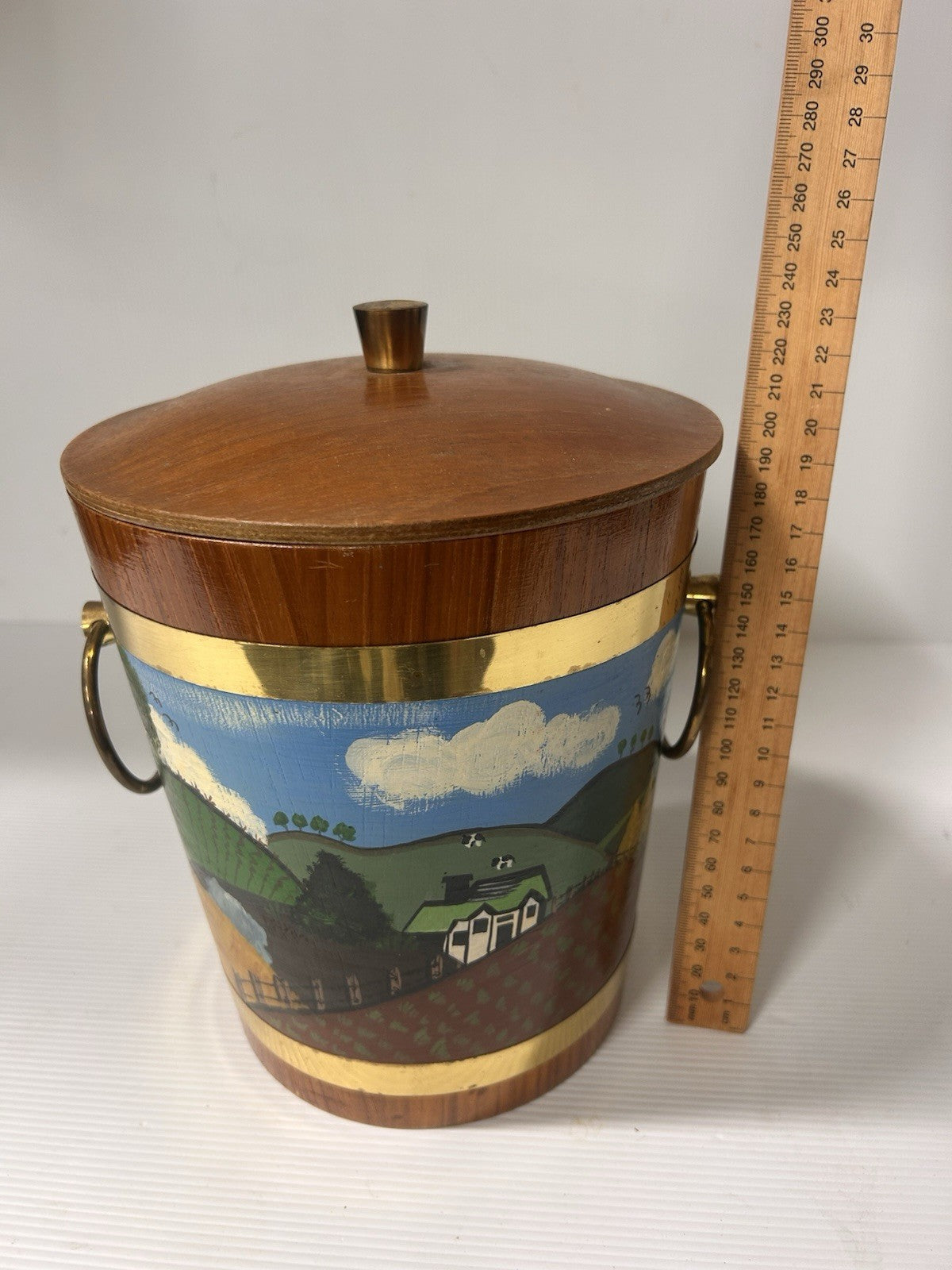 Mid-Century Ice Bucket Hand Painted Farm Scene Brass Trim