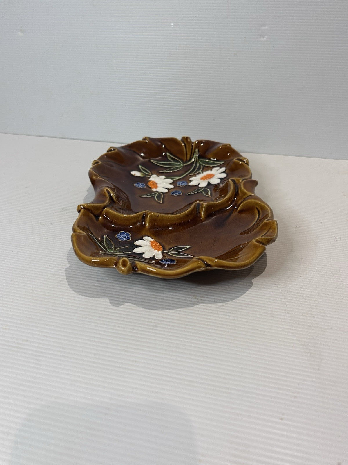 Vintage Japanese Pottery Condiment Set – Hand-Painted Brown Glaze Floral