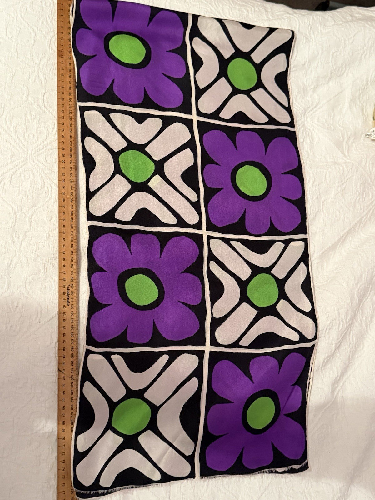 Vintage Pierre Cardin Paris Long Silk Scarf 1970s Mod Floral Purple Green Retro