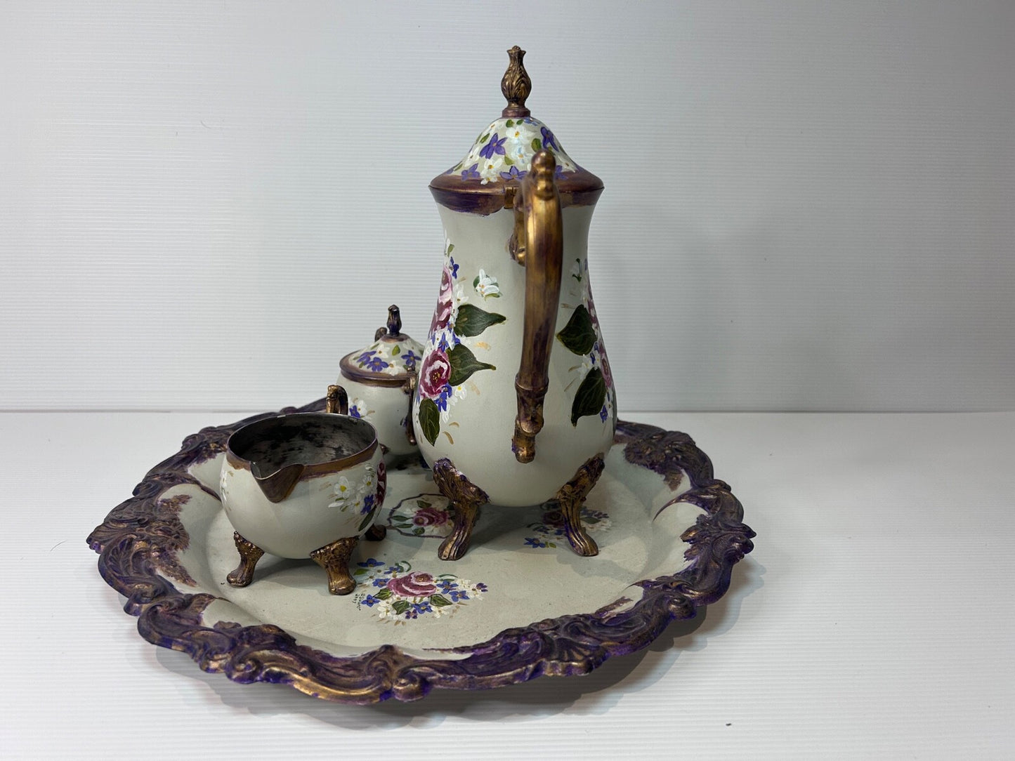 Antique Silver Plated Tea Set Refurbished Hand Painted by Beverley Shearer 2007