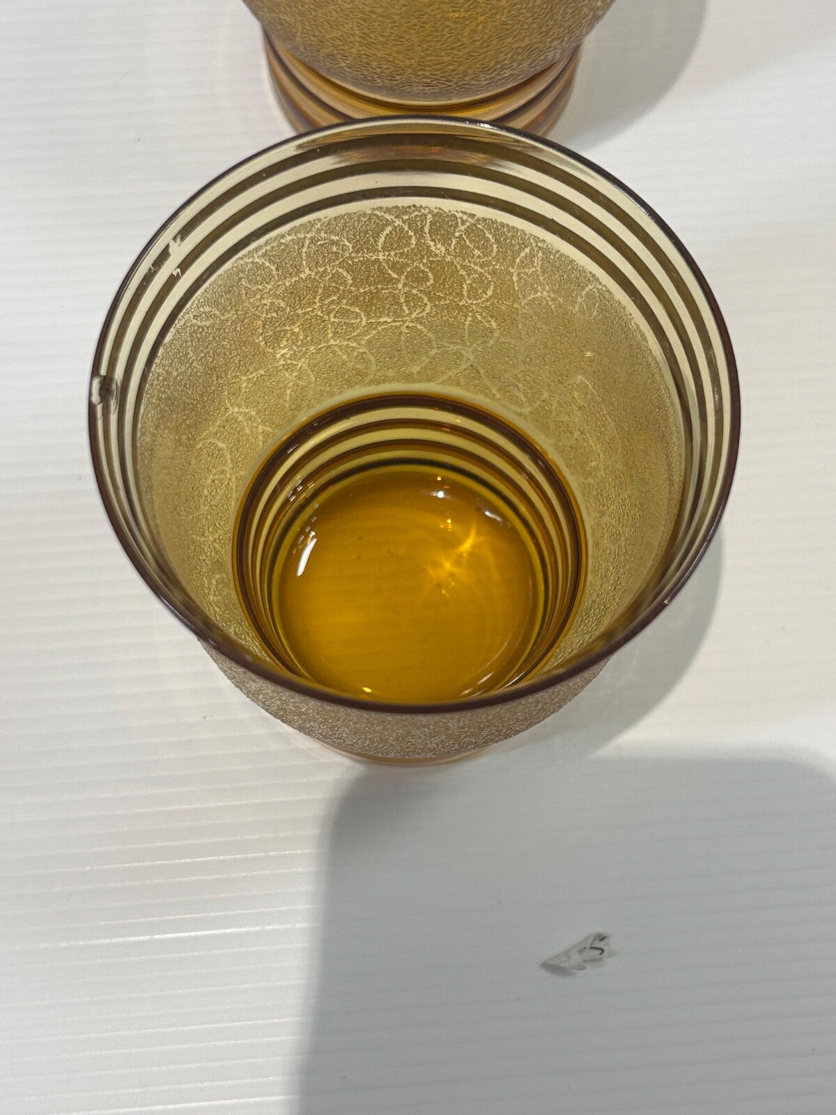 Vintage Amber Glass Lemonade Set – Textured Gold Bands – Jug & 5 Tumblers Retro