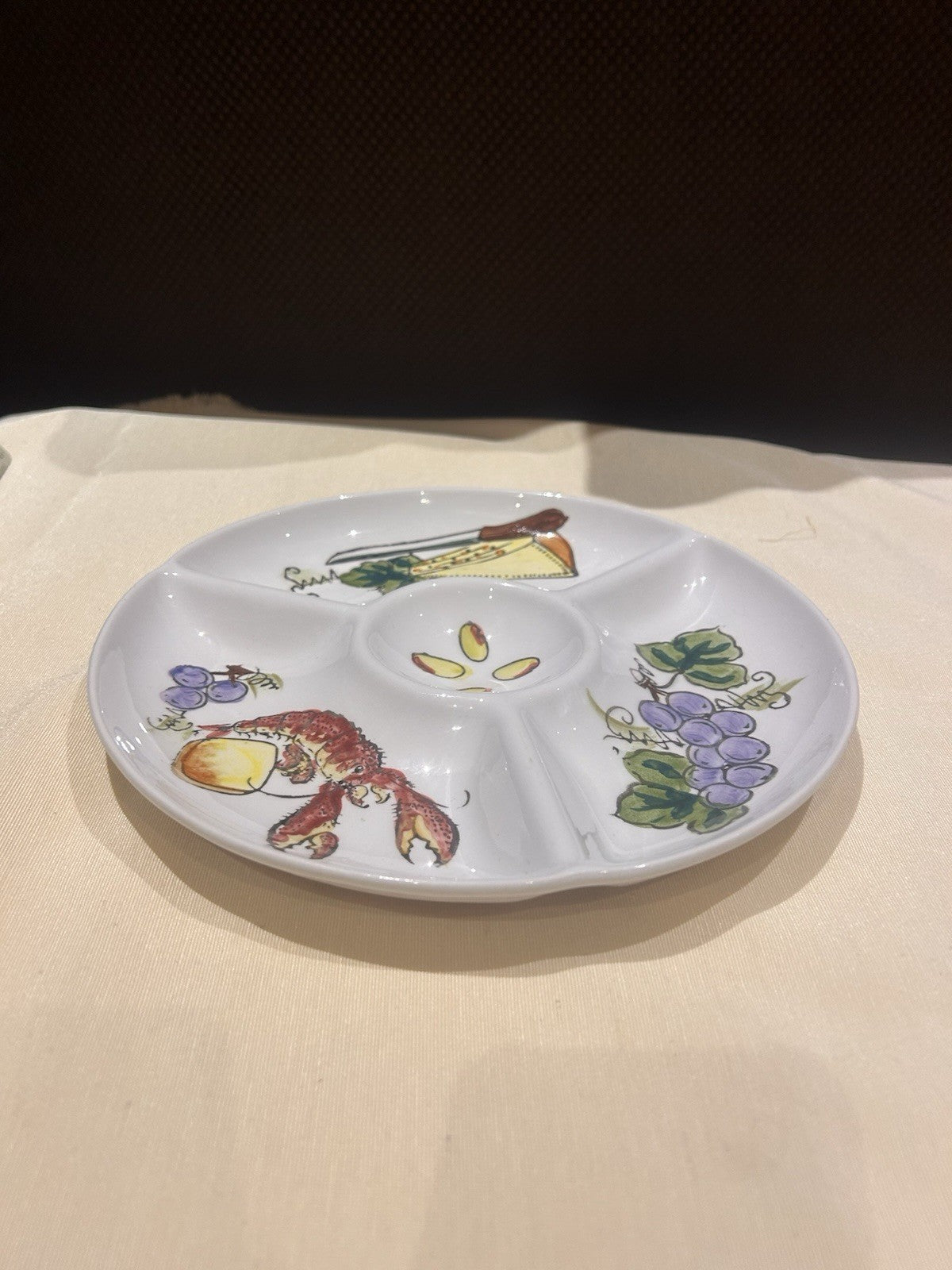 Vintage Japanese Stoneware Divided Serving Dish Lobster Grape Cheese 24cm