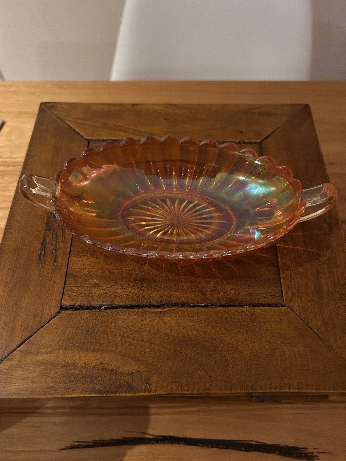 Vintage Amber Carnival Glass Serving Dish Handles Scalloped Bowl 30cm