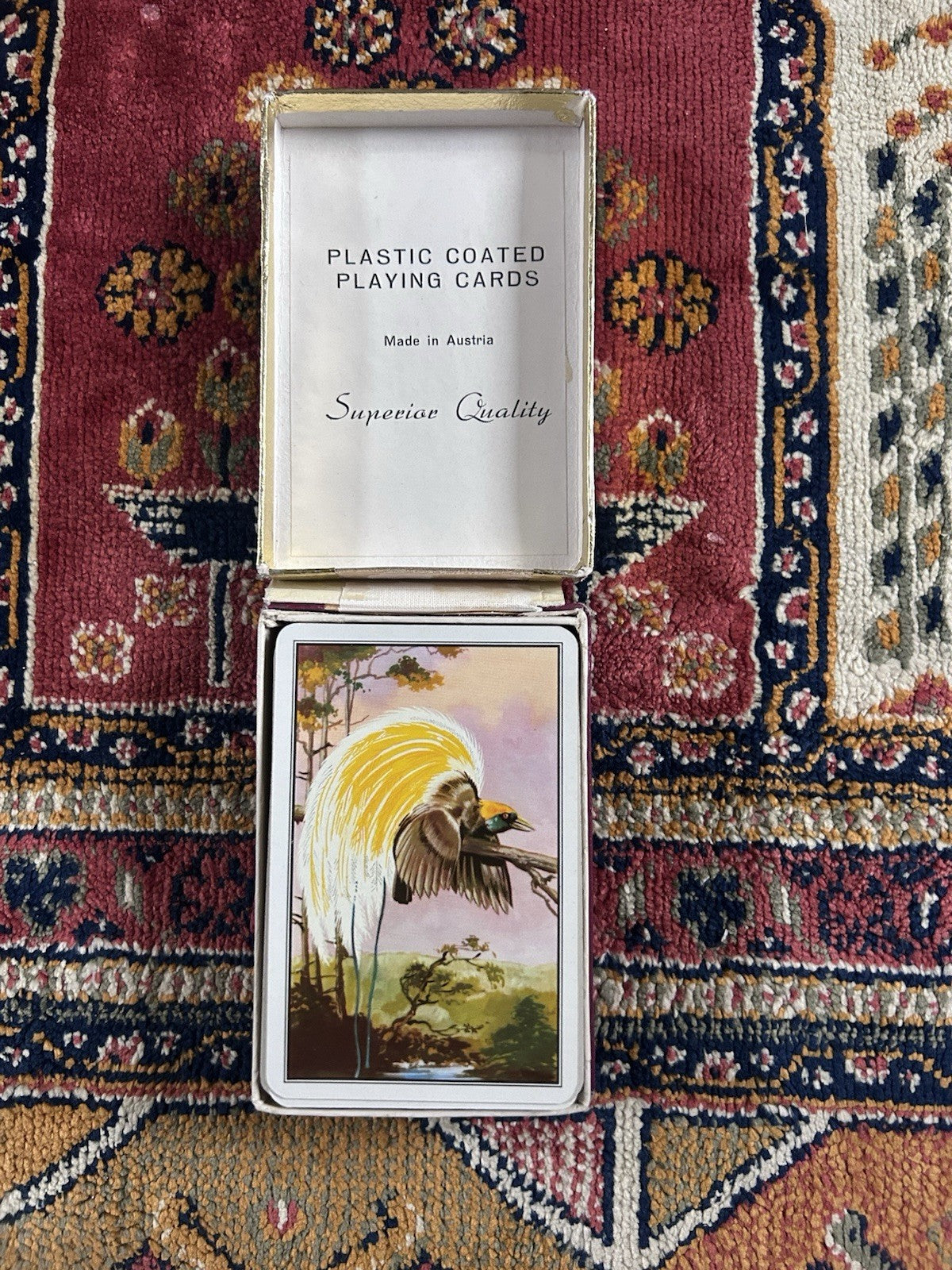 Vintage Austrian Playing Cards Bird of Paradise Design Plastic Coated w/ Box