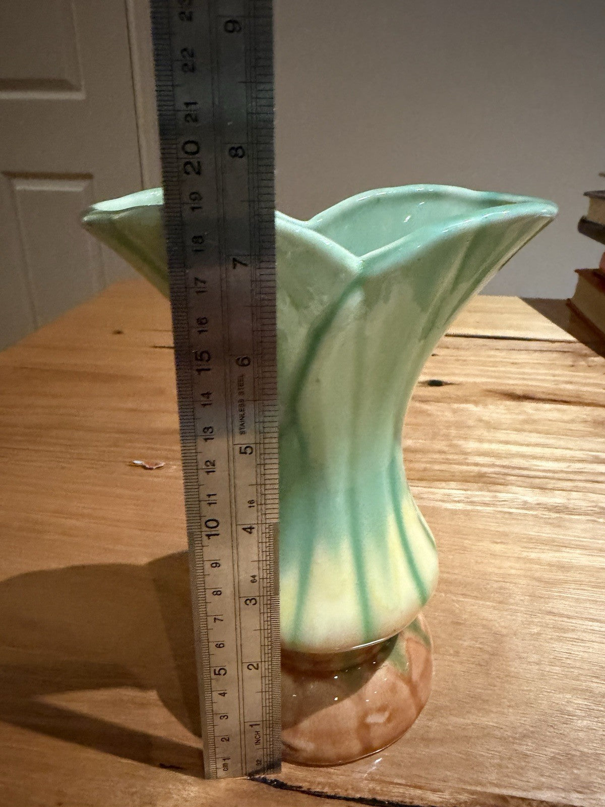 Diana Pottery Art Deco Vase Green Drip Glaze 19cm Vintage Australia