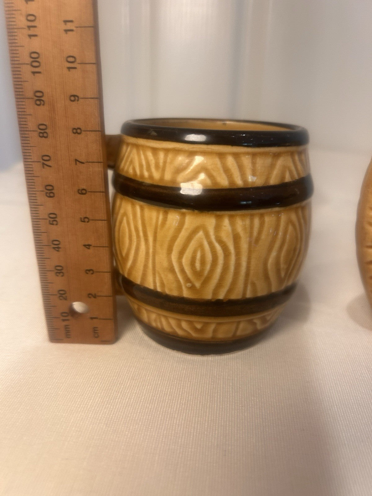 Vintage BARREL Mugs Pair – Japan Woodgrain Beer/Coffee Cups – 8cm & 9cm