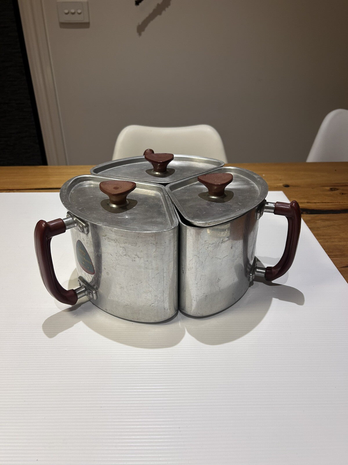 Vintage Crown Merton Aluminium Triple Canister Set w/ Bakelite Handles