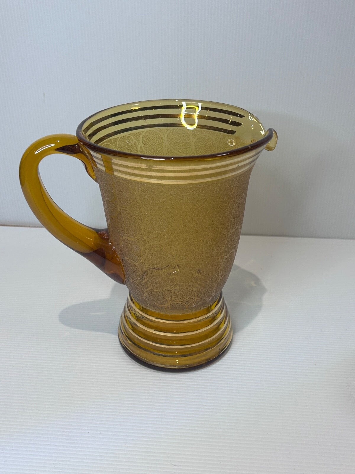 Vintage Amber Glass Lemonade Set – Textured Gold Bands – Jug & 5 Tumblers Retro