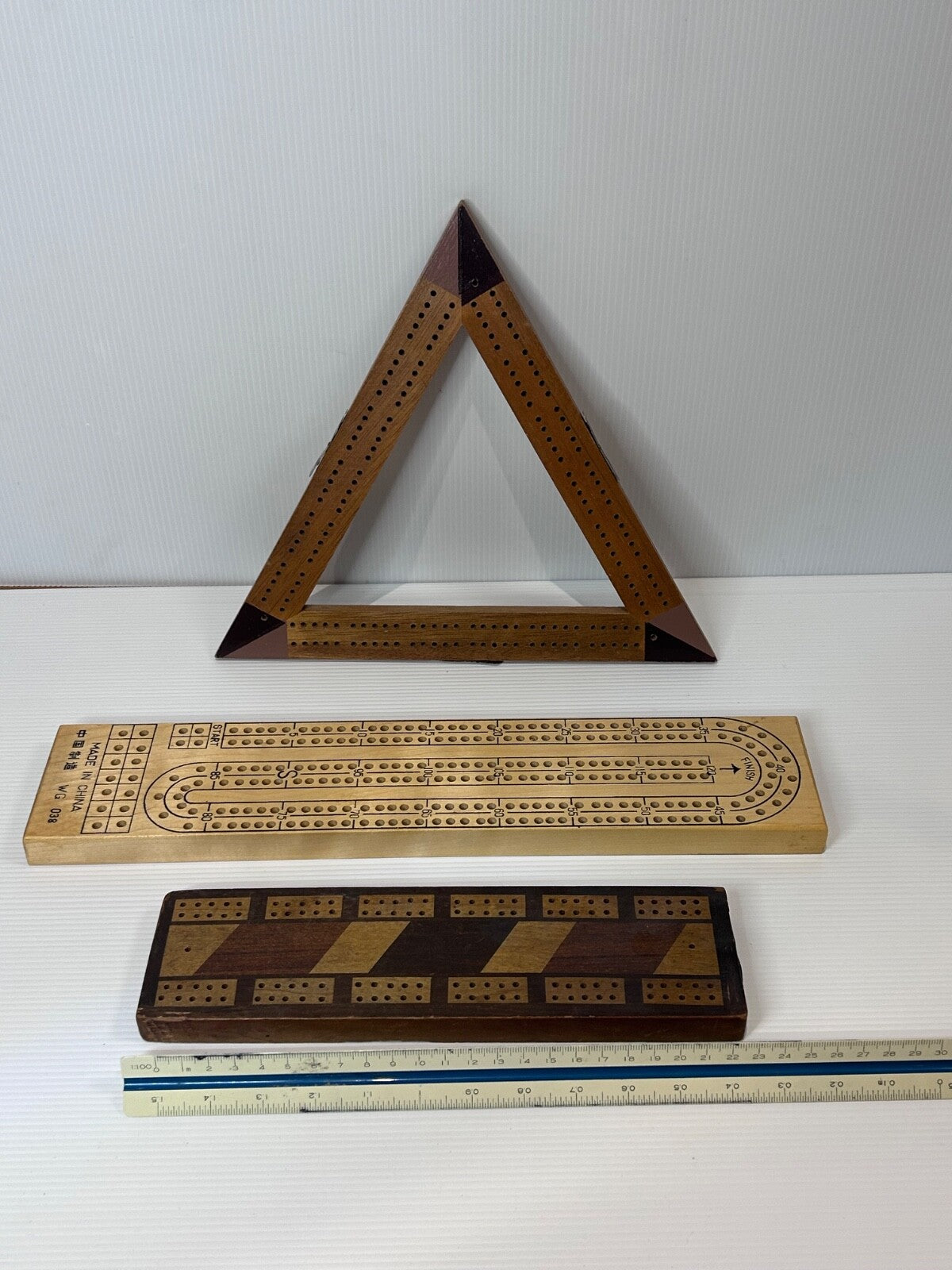 Vintage Cribbage Board Collection x 3 – Triangle, Inlaid, and Classic Flat Board