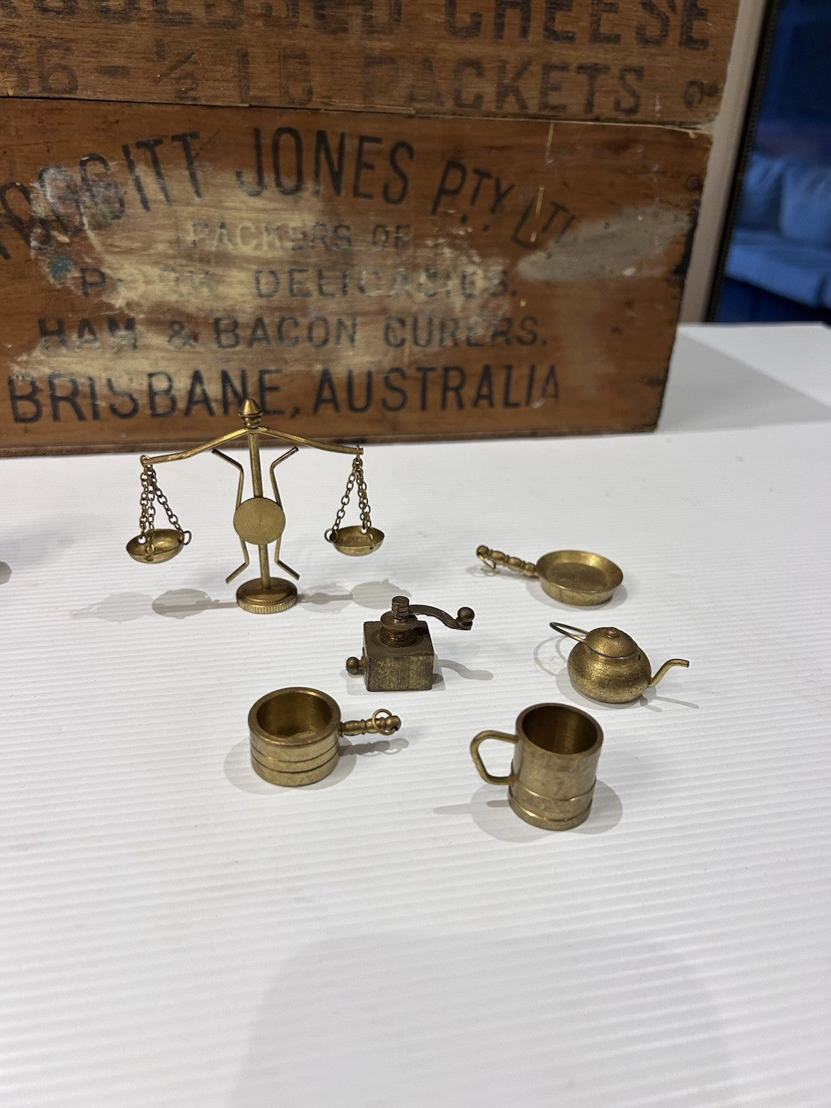 Vintage Miniature Brass Kitchenware 6pc Set – Scales, Grinder, Kettle, Pan