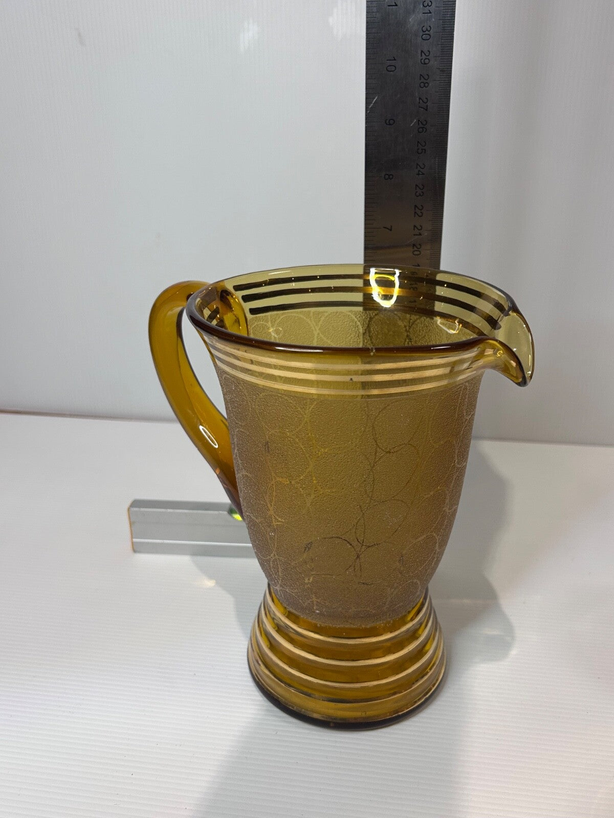 Vintage Amber Glass Lemonade Set – Textured Gold Bands – Jug & 5 Tumblers Retro