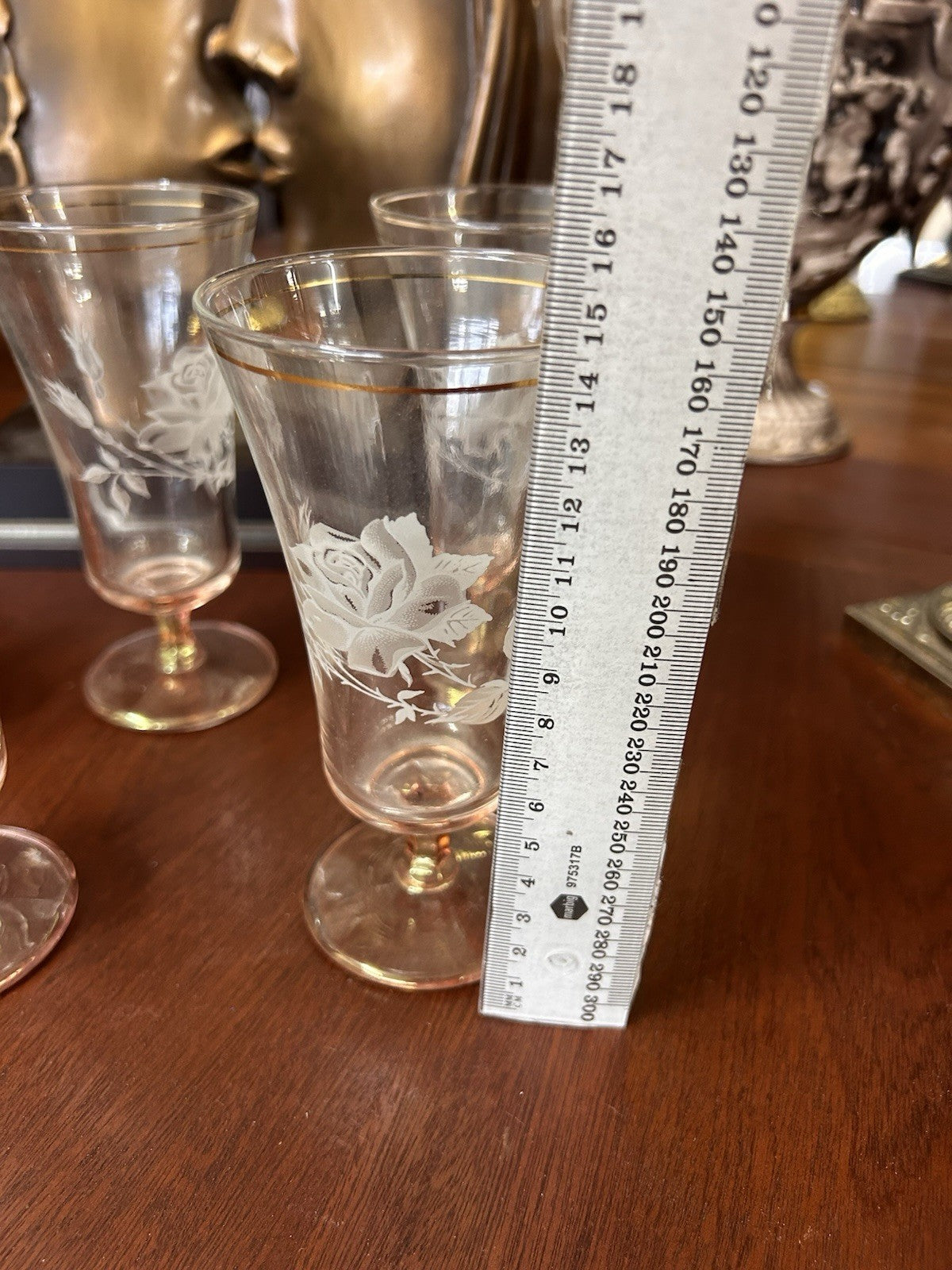 Vintage Etched Rose Glass Goblets Set of 5 Gold Rim Blush Pink Stemware