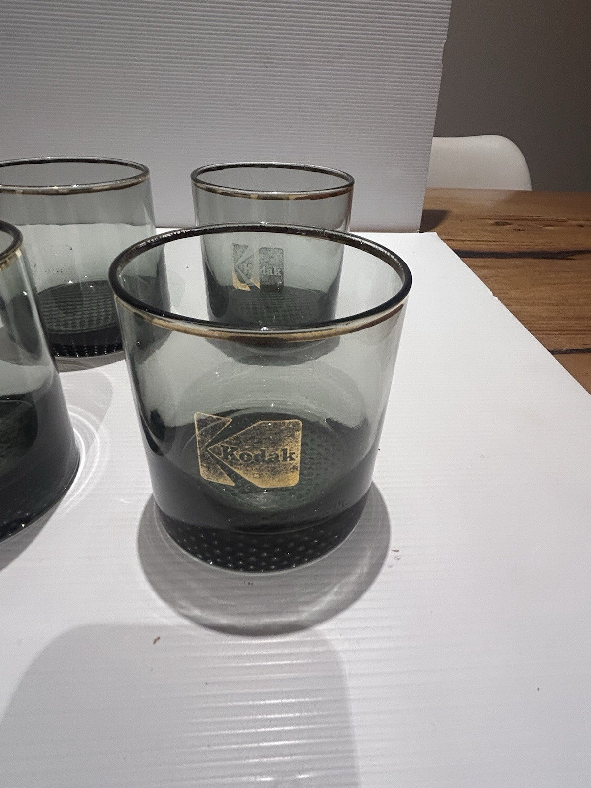 Vintage Kodak Whiskey Glasses x8 Gold Rim Promo Barware Textured Base 1970s