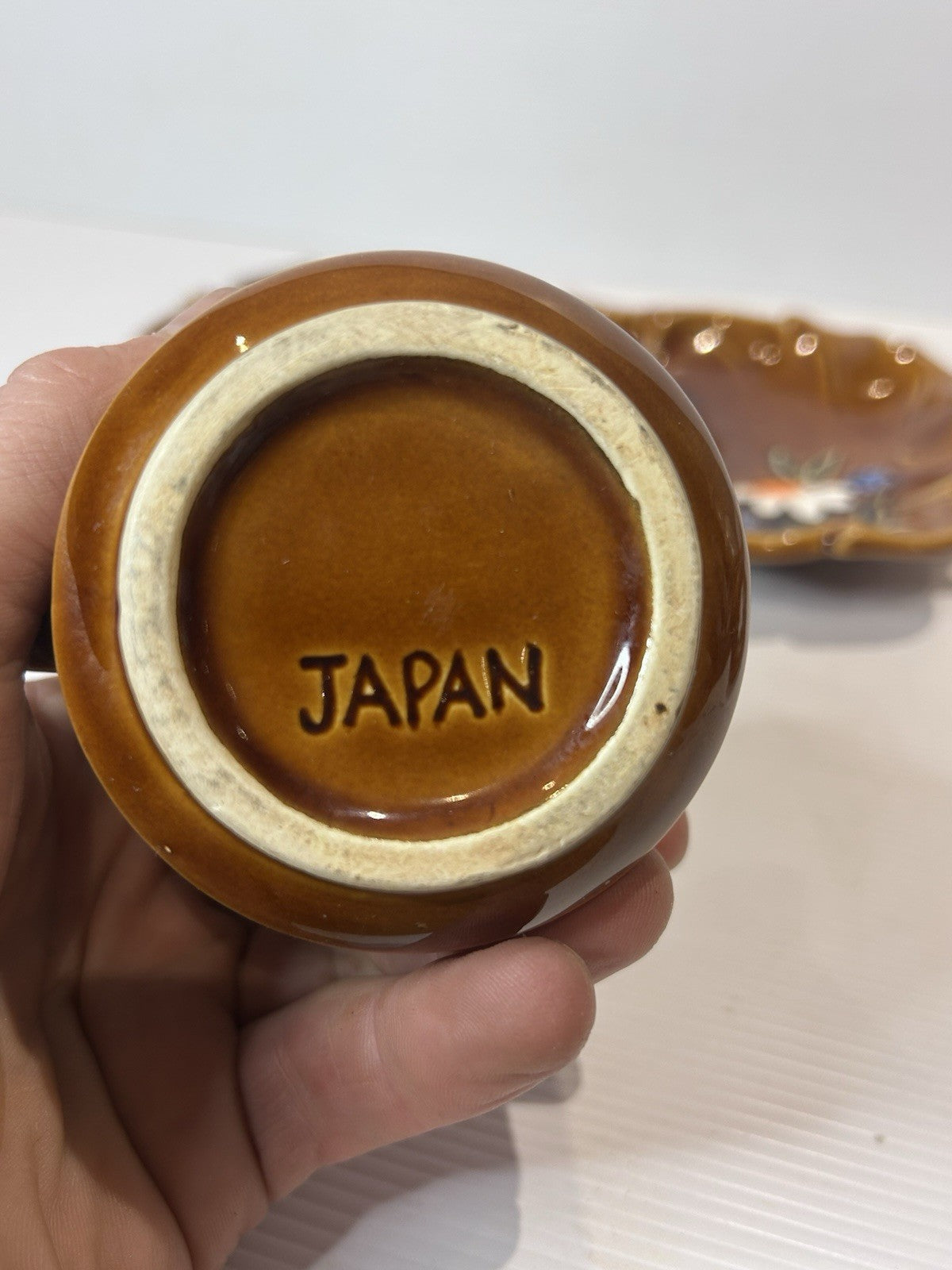 Vintage Japanese Pottery Condiment Set – Hand-Painted Brown Glaze Floral