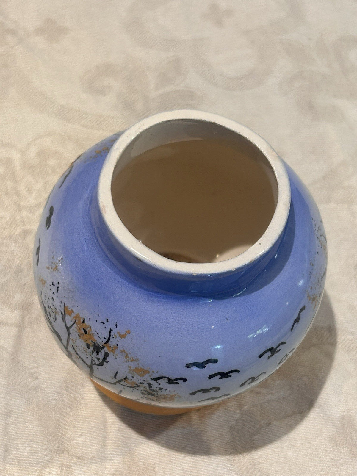 Vintage Hand Painted Scenic Vase Birds Tree Blue Orange Glaze c1960s