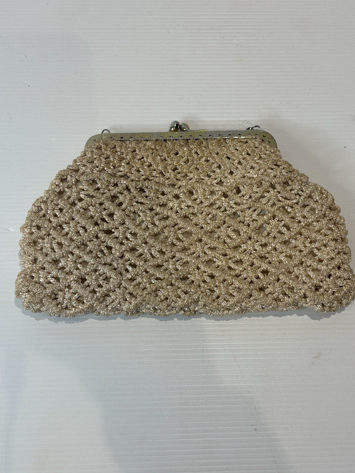 Vintage 1950s Gold Macramé Clutch Purse Hong Kong Handmade Silk Lining