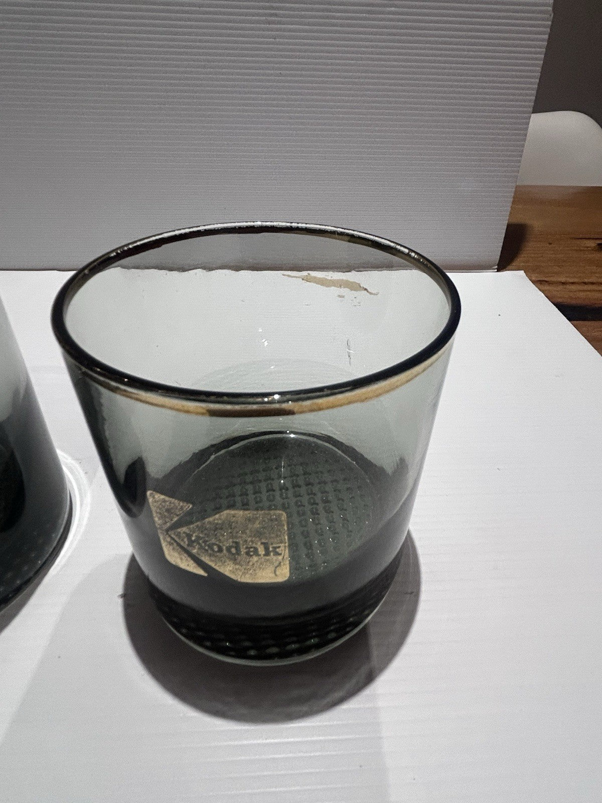 Vintage Kodak Whiskey Glasses x8 Gold Rim Promo Barware Textured Base 1970s