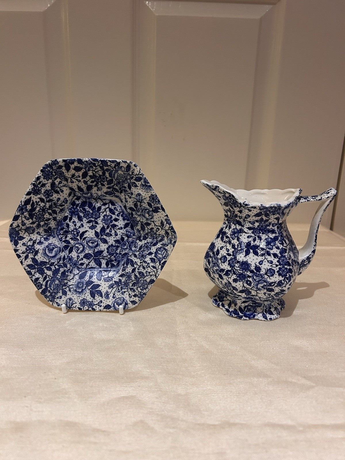 Vintage English Style Blue & White Floral Jug & Dish c1950s Transferware