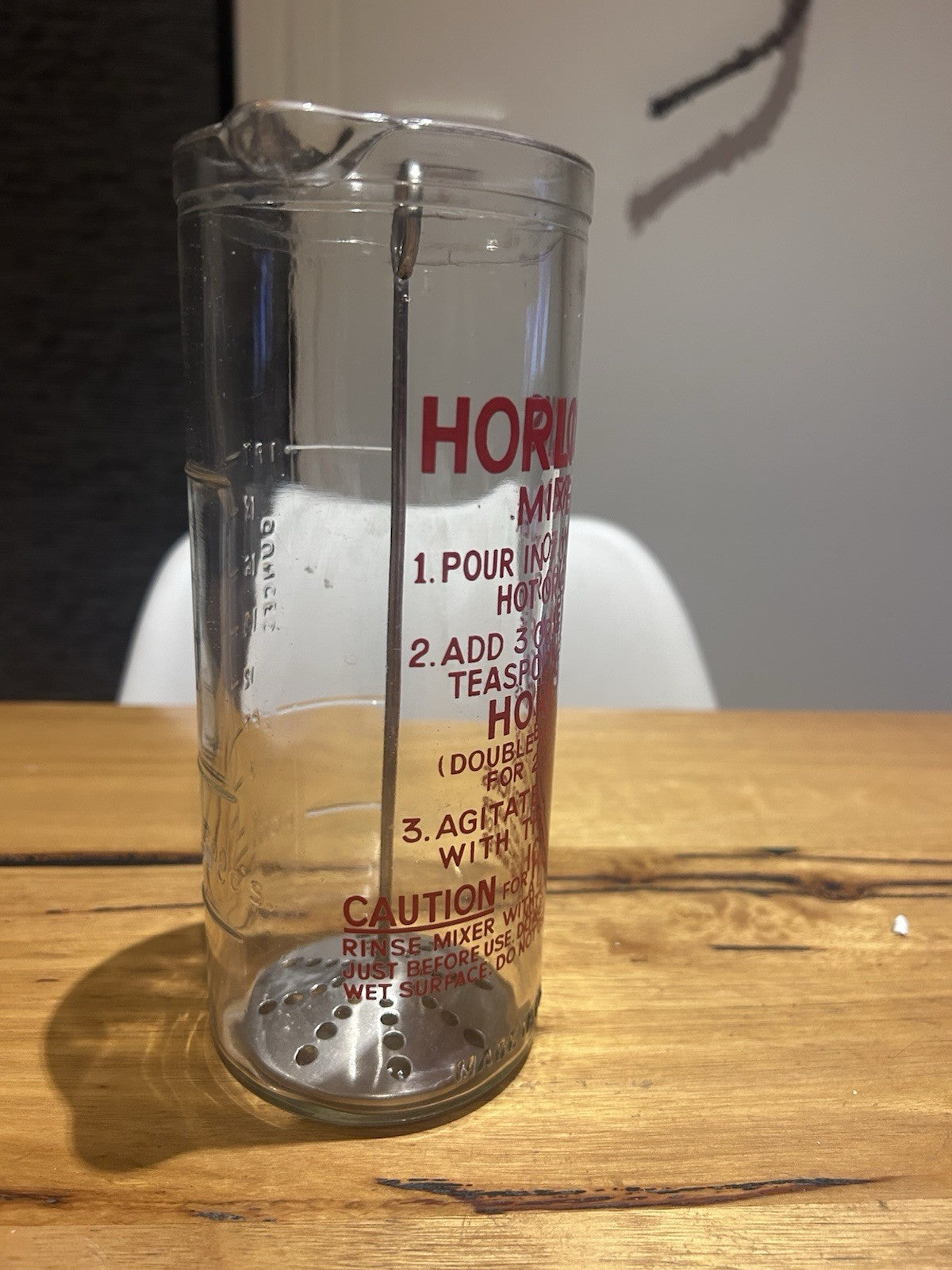 Rare Horlicks Mixer Glass w/ Full Text & Plunger 8oz Made in England c1950s