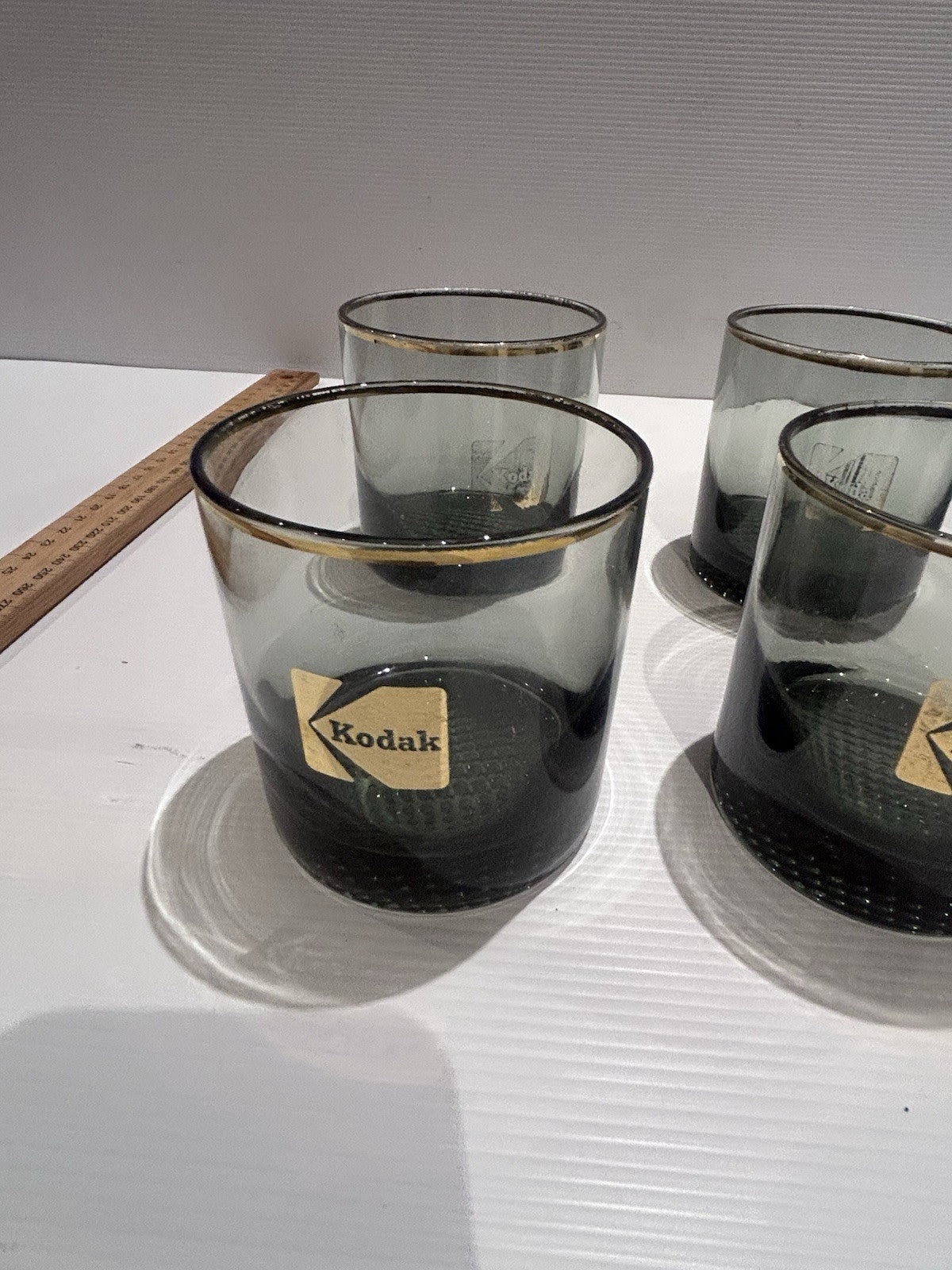 Vintage Kodak Whiskey Glasses x8 Gold Rim Promo Barware Textured Base 1970s