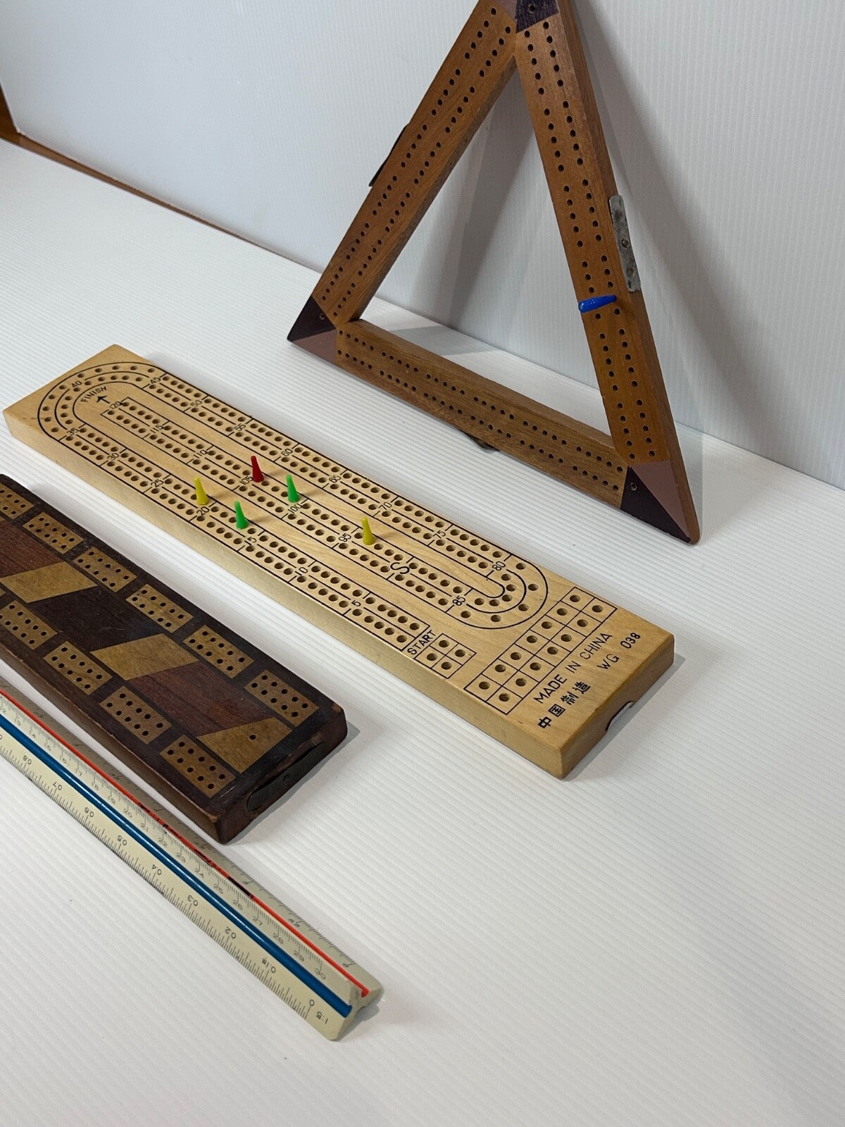 Vintage Cribbage Board Collection x 3 – Triangle, Inlaid, and Classic Flat Board