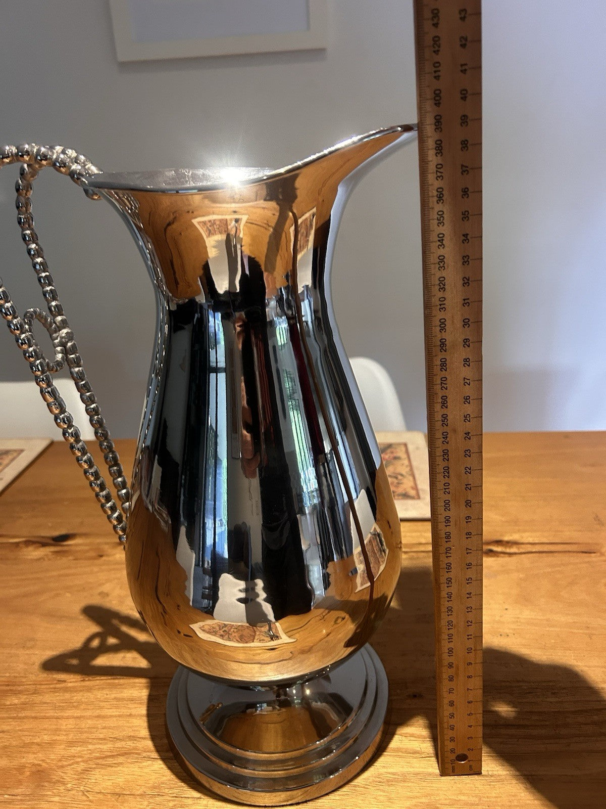 Mid-Century Silver-Plated Jug 38cm Beaded Handle Decorative Pitcher Vase