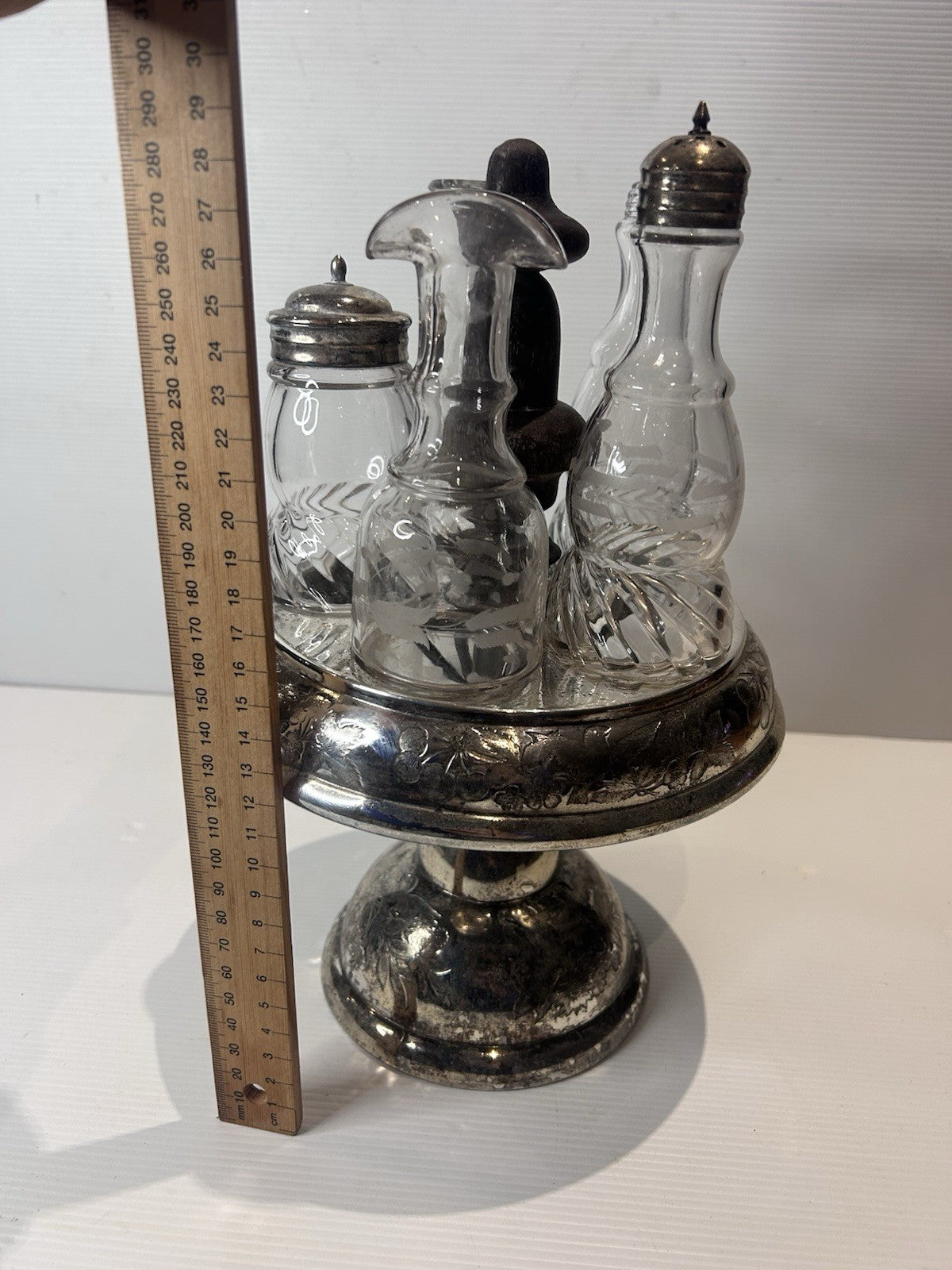 Antique Silver Plated Cruet Set w/ Cut Glass Bottles Victorian Style 27cm Tall