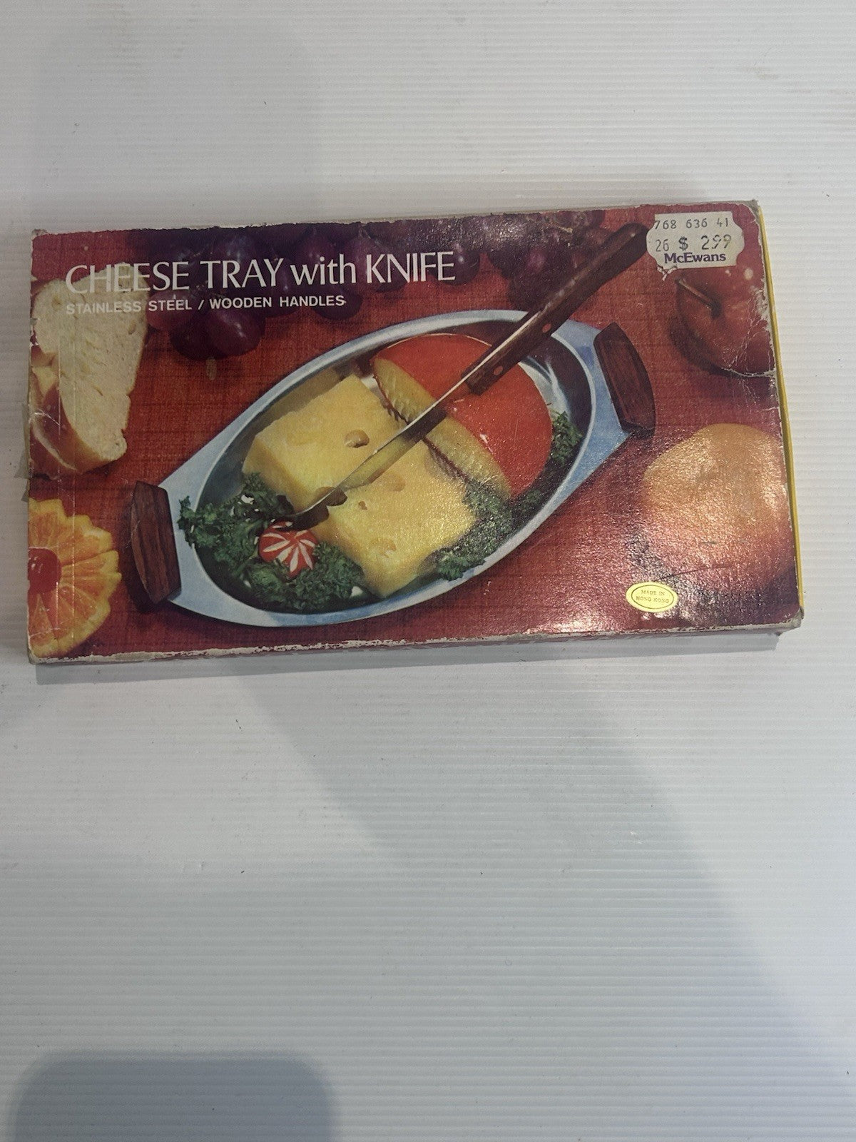 Vintage Cheese Tray & Knife Set Boxed Stainless Steel Wooden Handles Retro
