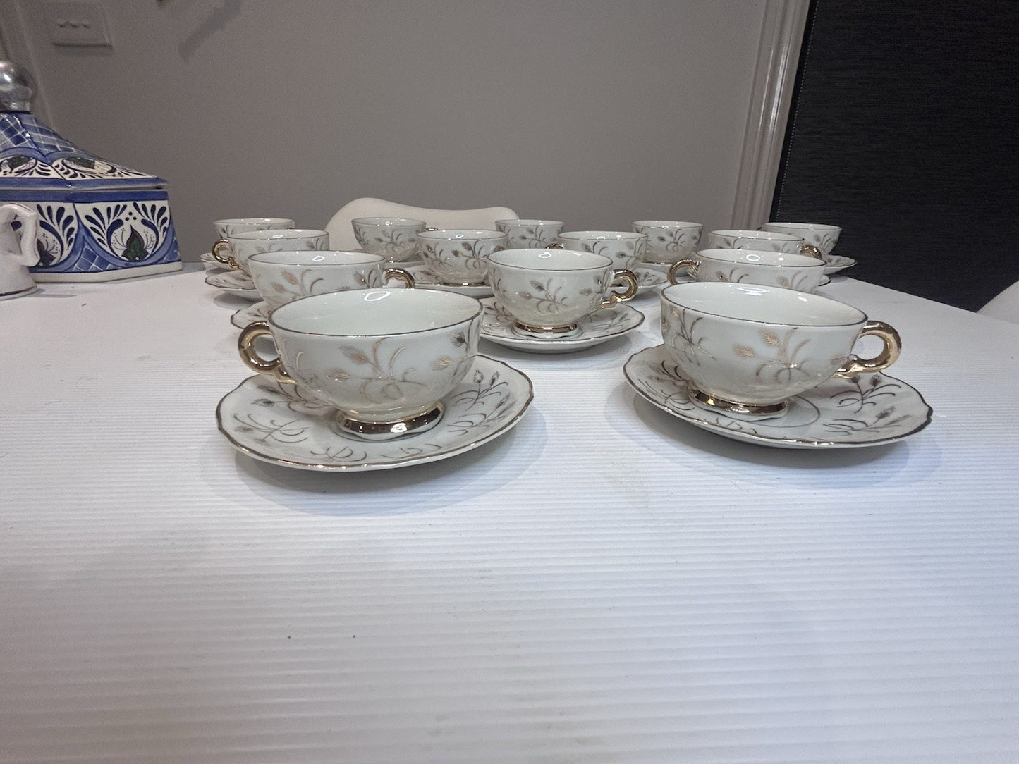 Vintage Japan Porcelain Tea Set x14 Cups & Saucers Gold Trim Floral 1950s
