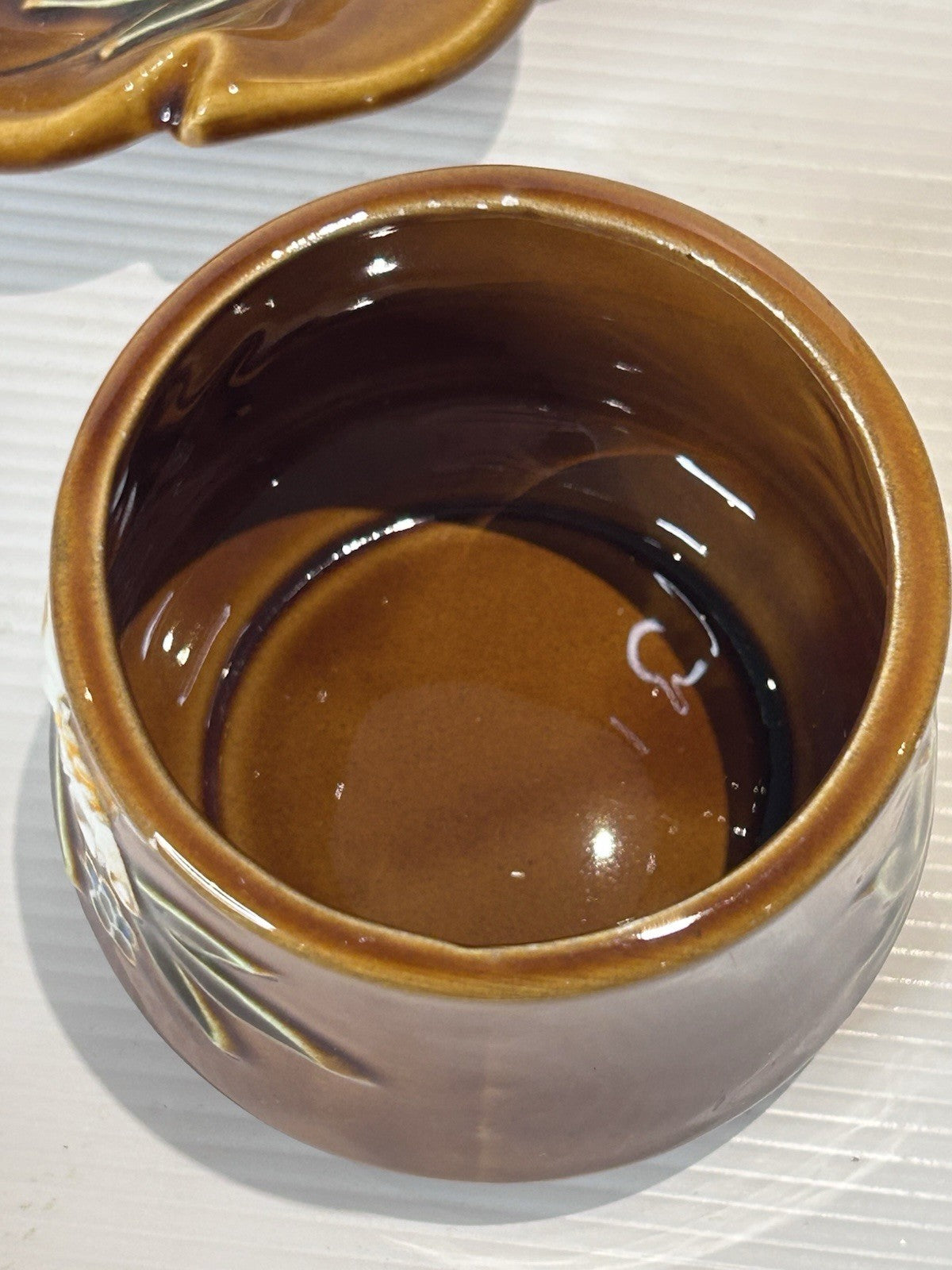 Vintage Japanese Pottery Condiment Set – Hand-Painted Brown Glaze Floral