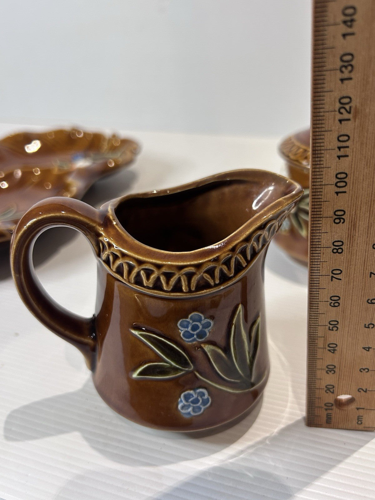 Vintage Japanese Pottery Condiment Set – Hand-Painted Brown Glaze Floral