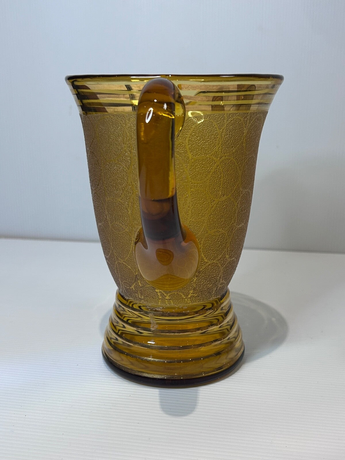 Vintage Amber Glass Lemonade Set – Textured Gold Bands – Jug & 5 Tumblers Retro