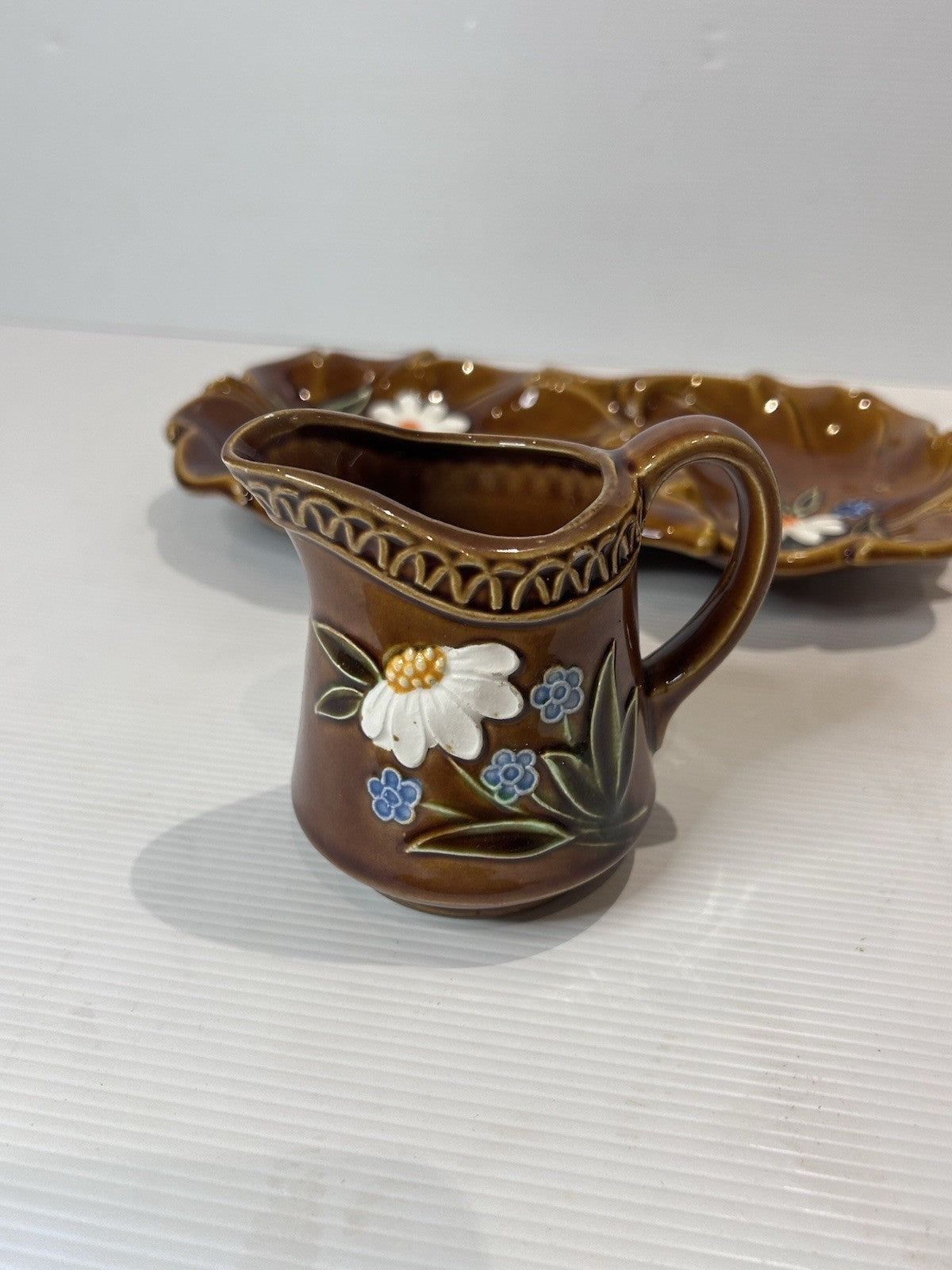 Vintage Japanese Pottery Condiment Set – Hand-Painted Brown Glaze Floral