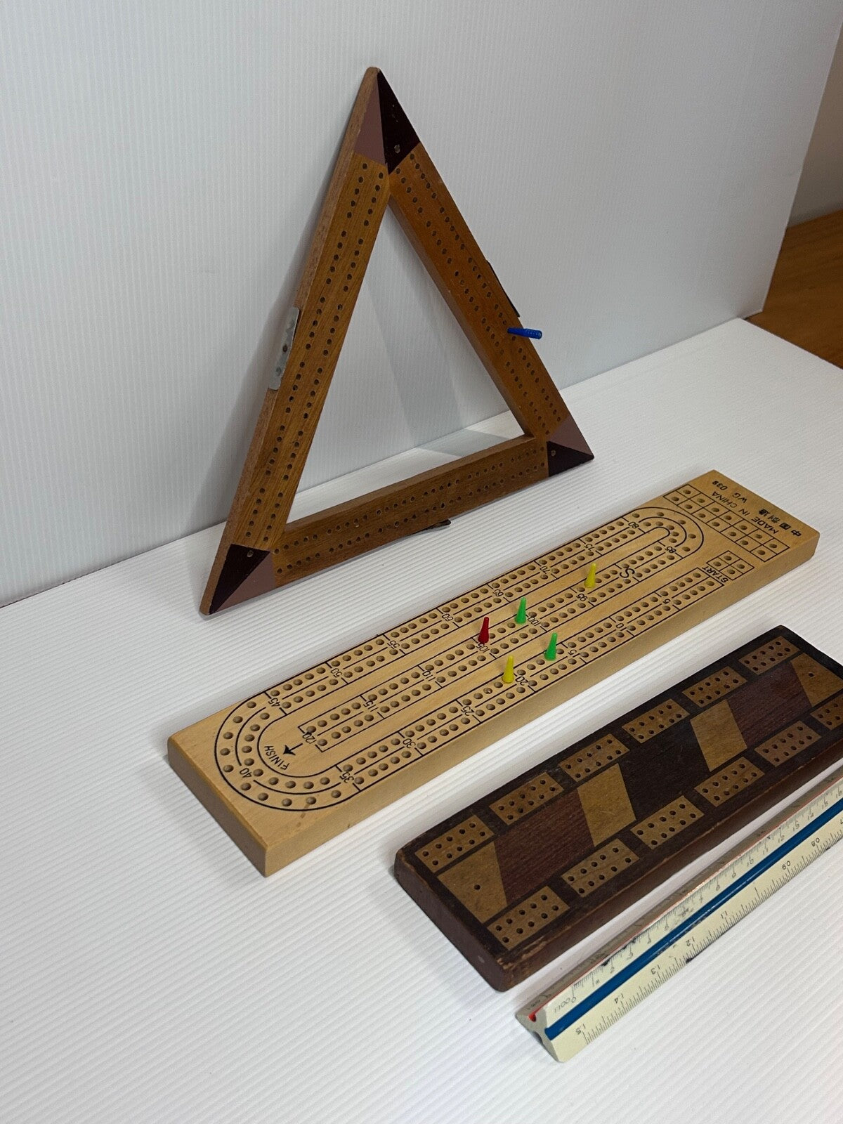 Vintage Cribbage Board Collection x 3 – Triangle, Inlaid, and Classic Flat Board