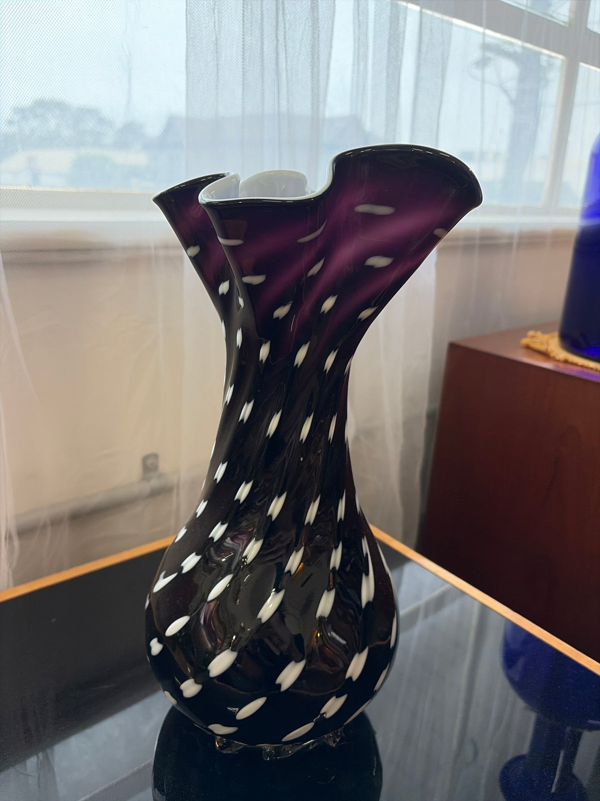 Large Vintage Hand-Blown Art Glass Cuffed Vase – Aubergine, Black & White, c.1960s–70s