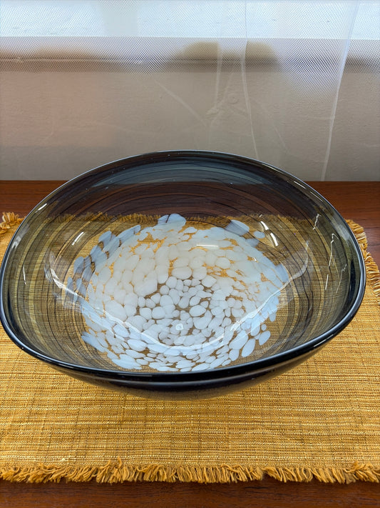 Large Vintage Czech Art Glass Freeform Bowl – Smoky Blue & White, Mid-Late 20th Century