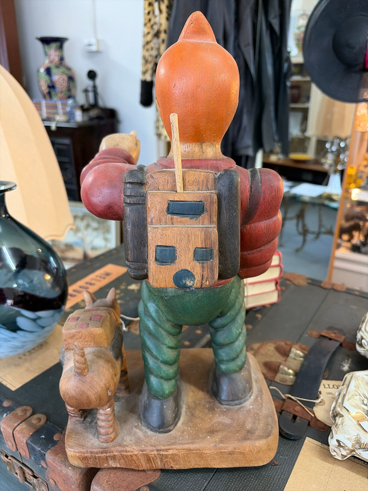 Vintage Hand-Carved Wooden Tintin & Snowy (Milou) Adventurer Sculpture – 37cm