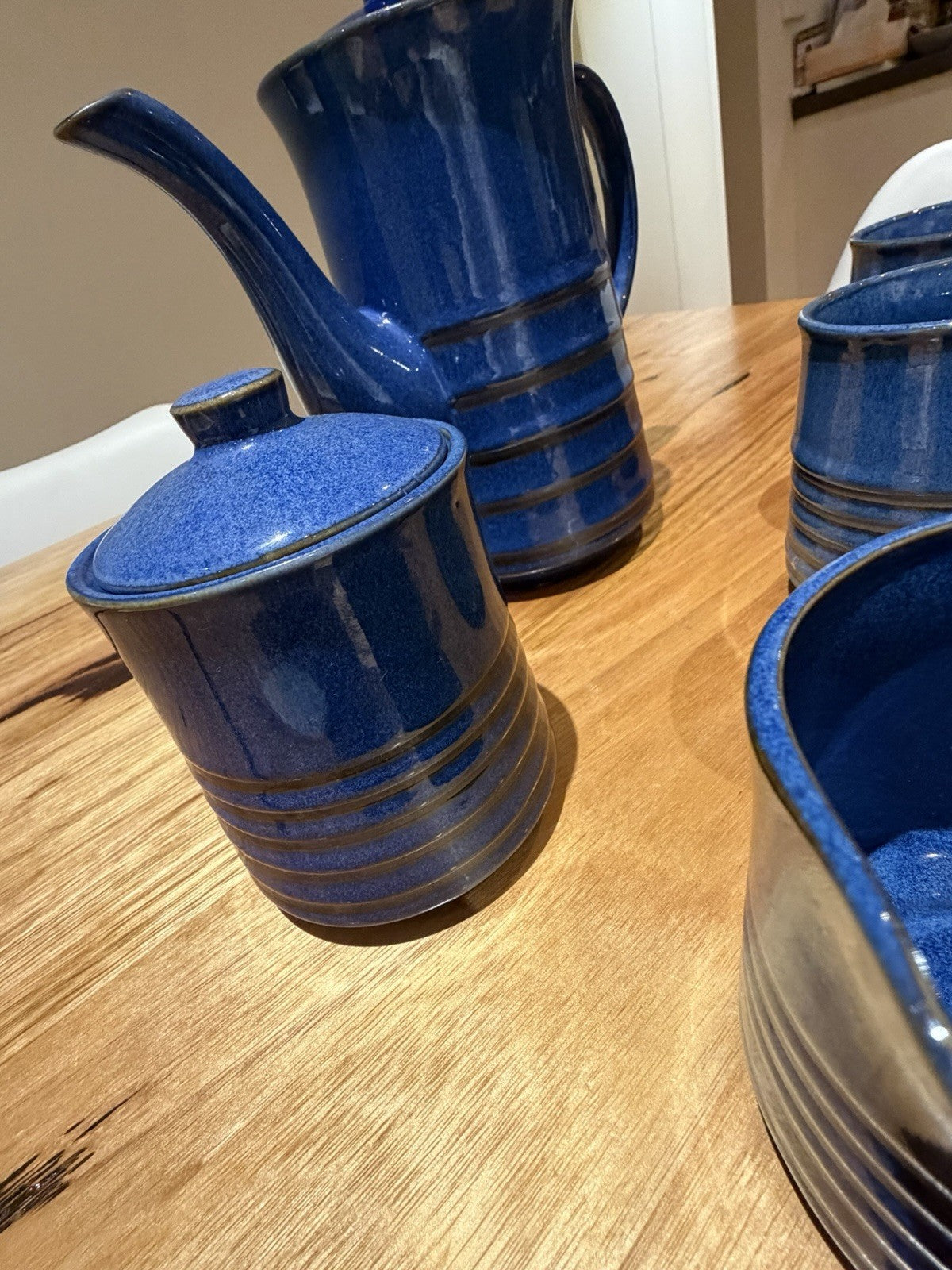 Mid Century Japanese Blue Pottery Coffee Set Teapot Mugs Creamer 1960s 7pc