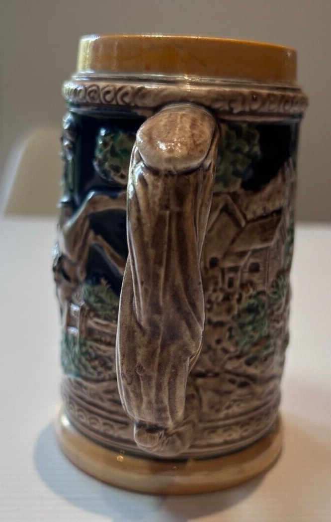 Vintage Japanese Beer Stein - Painted Relief Design - Equestrian Hunting Scene