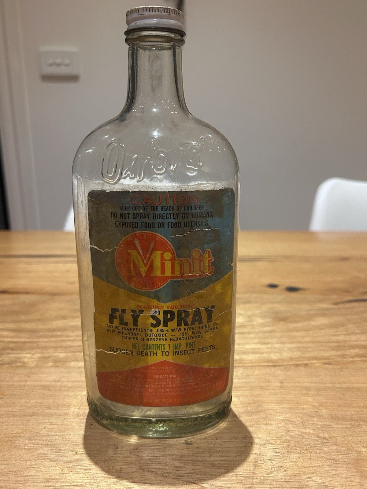 Vintage Minit Fly Spray Bottle Oxford Embossed 1 Imp Pint Insecticide c1950s