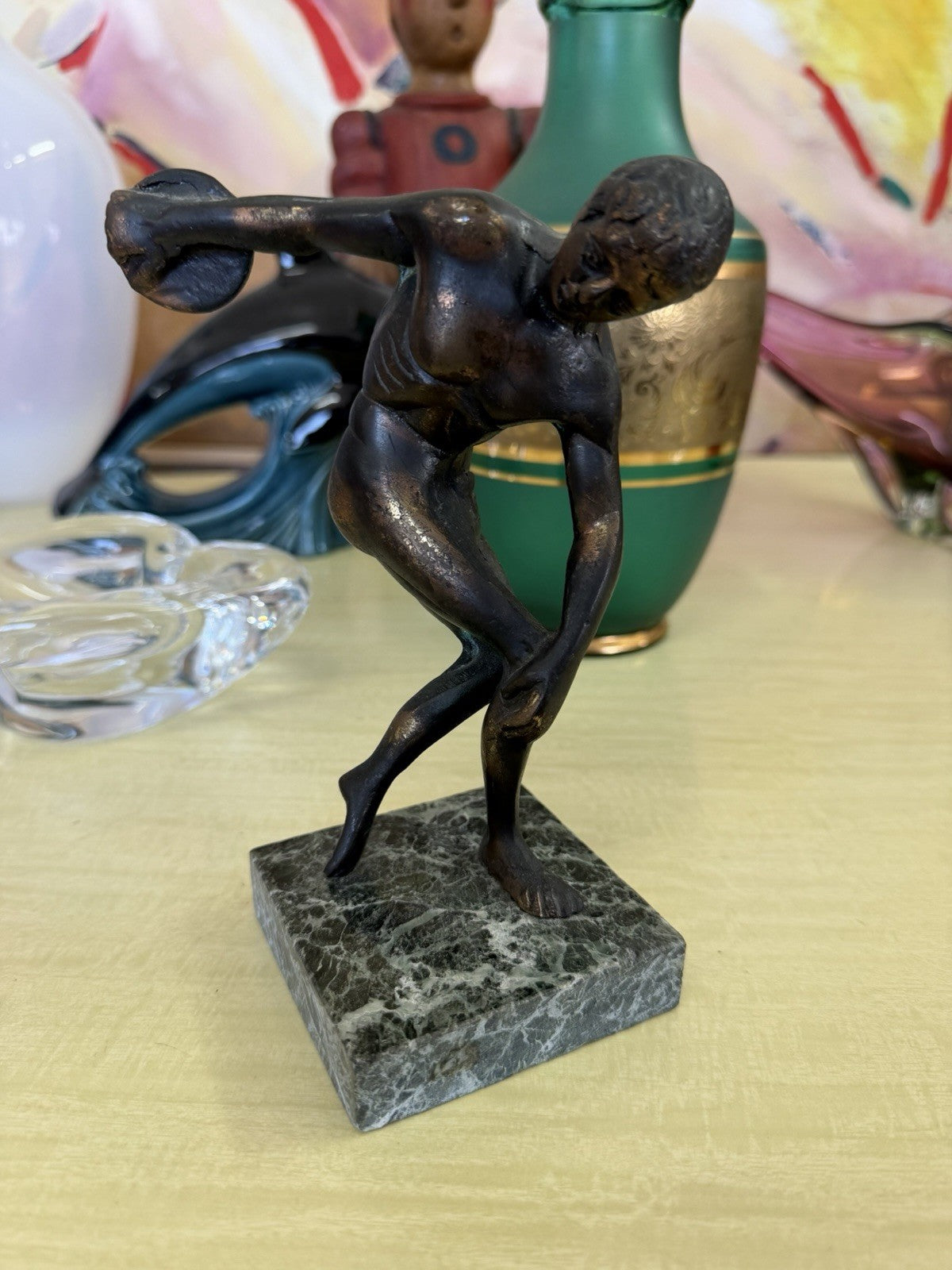 Vintage Bronze Discus Thrower Athlete Sculpture Marble Base Classical Figure